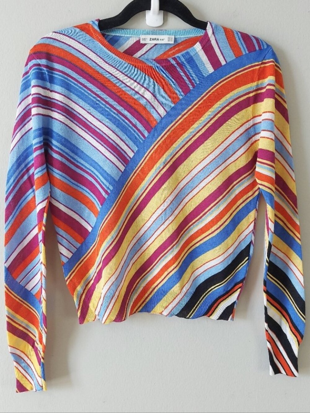 Zara Women Rainbow Preppy Striped Sweater Medium MulticolorCrewneck Long Sleeve